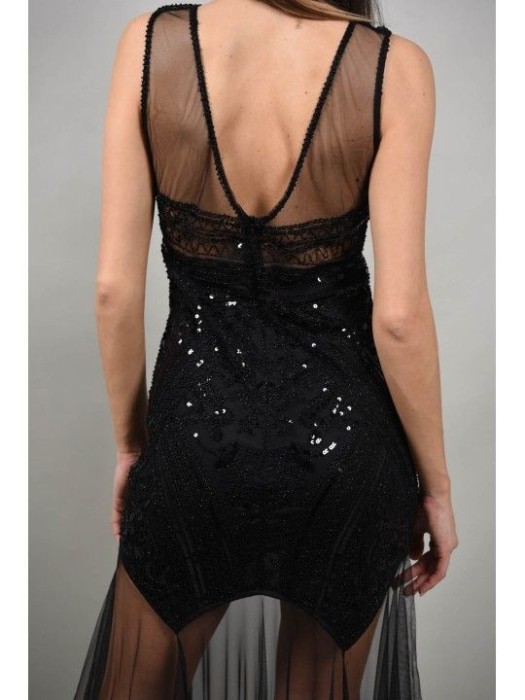 ROCHIE LUNGA DE OCAZIE CU PAIETE SI TUL LUSH Negru M-L