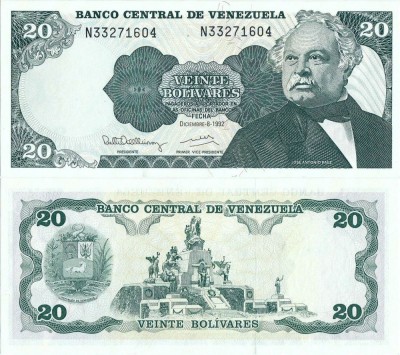 1992 ( 8 XII ) , 20 bol&amp;iacute;vares ( P-63d ) - Venezuela - stare UNC foto