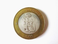 Rara! Mexic 100 Pesos 2004 bimetalica argint 925 moneda comemorativa statul Tabasco prima editie,greutate=34 grame/diametrul=39 mm