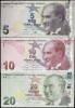 TURCIA SET / LOT : 5 + 10 + 20 Lira 2022 ( 2009 ) [ P-222f ; P-223f ; P -224f ] Seria : F-F-G , UNC , necirculate