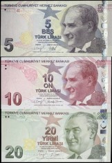 TURCIA SET / LOT : 5 + 10 + 20 Lira 2022 ( 2009 ) [ P-222f ; P-223f ; P -224f ] Seria : F-F-G , UNC , necirculate