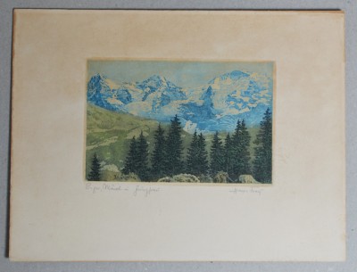 Hans Frey &amp;quot;Peisaj cu Muntii Alpi&amp;quot; aquatinta foto