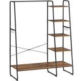 VASAGLE Raft pentru haine cu suport pentru pantofi, 5 polite, 6 carlige laterale, 45x120x160cm, maro rustic si negru Household NewTrend