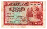 Spania 10 Pesetas 1935 P-86, Seria 9081318, Bancnota Străină Europa