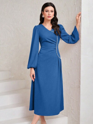Rochie midi cu maneca lunga, accesorizata cu margele, albastru, dama foto