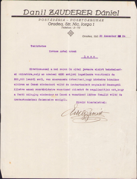 HST A1247 Act antet comerciant evreu de postav Daniil Zauderer 1930 Oradea