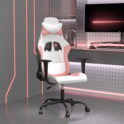 vidaXL Scaun de gaming de masaj, alb și roz, piele ecologică foto