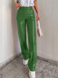 Pantaloni largi, din piele ecologica, cu talie inalta, verde, dama Shein