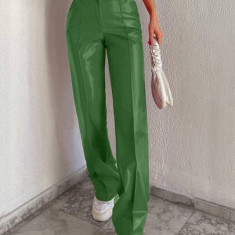 Pantaloni largi, din piele ecologica, cu talie inalta, verde, dama Shein