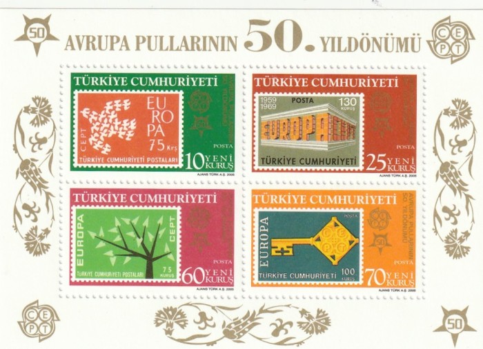 Turcia 2005 - 50 ani Europa CEPT,bloc 4 valori dantelate,MNH,