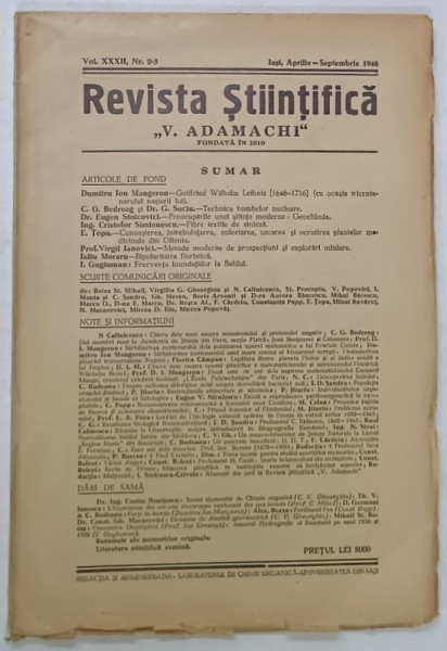 REVISTA STIINTIFICA &#039; V. ADAMACHI &#039; , NR. 2-3 , IASI , APRILIE - SEPTEMBRIE , 1946