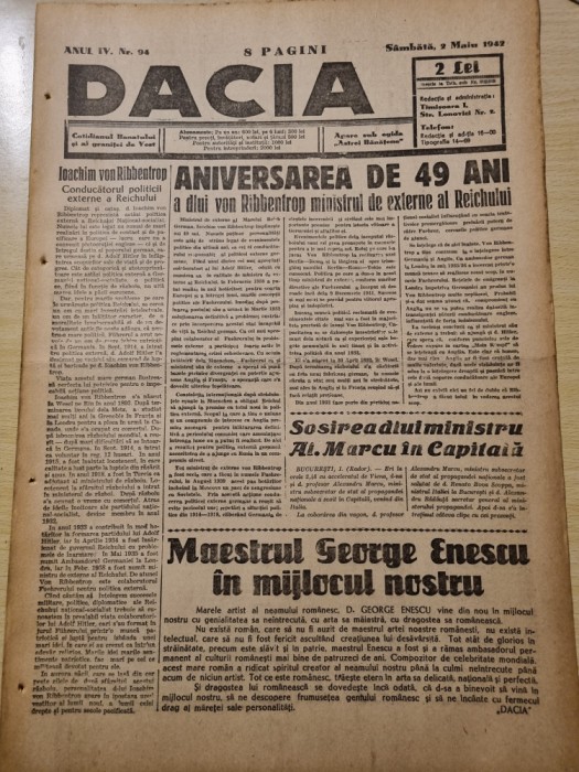 dacia 2 mai 1942-maestrul george enescu,,aniversarea lui ribbentrop,razboiul