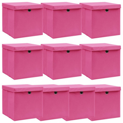 Cutii depozitare cu capace, 10 buc., roz, 32x32x32 cm, textil foto