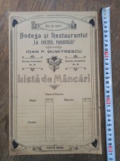 BODEGA SI RESTAURANTUL - LA COLTUL PARISULUI, IOAN P.DUMITRESCU, CCA 1910,MENIU foto
