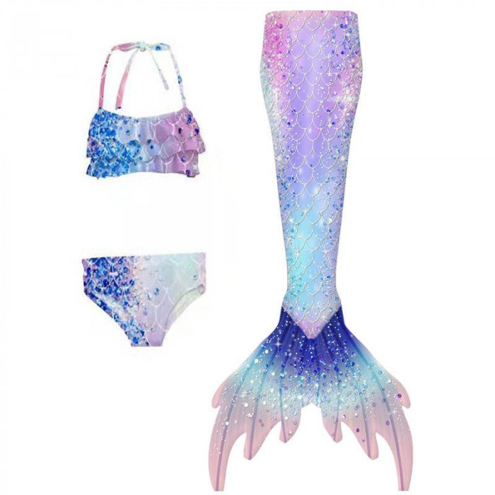 Set 3 piese Costum de baie Sirena Printesa Ariel THK&reg;, include top, slip, coada sirena, Albastru pastel, 150 cm