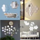Set 12 Autocolante Oglinda Hexagonale Argintii, 126x110x63mm, Decor Perete, Baie, Living, Dormitor - Stickere Decorative Reflectorizante