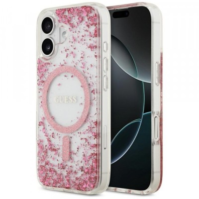 Husa MagSafe pentru Apple iPhone 17, Guess, Resin Bottom Glitter, Roz foto