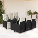 Set bistro de grădină, 7 piese, cu perne, negru, poliratan