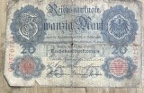 BNKSTR03DE Bancnotă Veche Germania 20 Mark 1907 (Reichsbanknote), Perioada Imperială, Vulturul German, Colecție / Numismatică