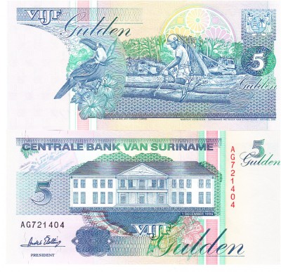 Suriname 5 Guldeni 1996 P-136b UNC foto