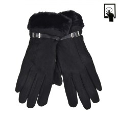 Mănuși Femei, Suede, Touchscreen, Blană Artificială, Negru, 1 Pereche