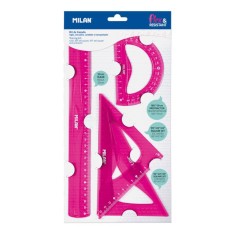 Set Geometrie Milan: Liniar 30 cm, Echer 13 si 17 cm, Raportor 10 cm, Plastic Flexibil, Roz, Set Geometrie, Set Trusa Geometrica, Truse Geometrice Set foto