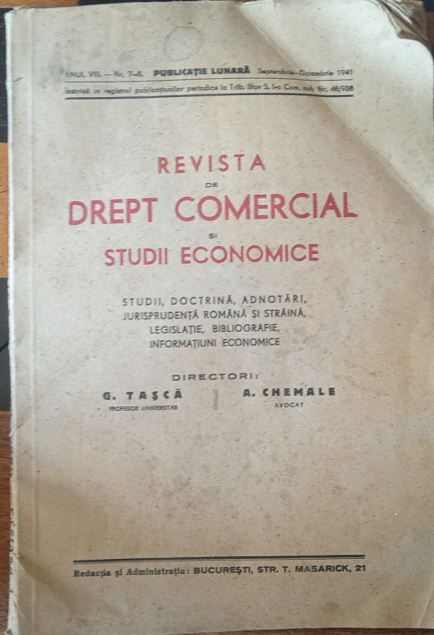 Revista Drept Comercial Studii Economice (G. Tasca, A. Chemale, sept.-oct. 1941)