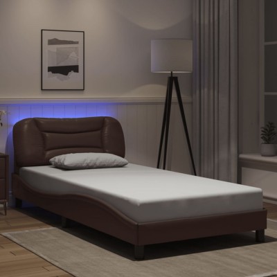 vidaXL Cadru de pat cu lumini LED, maro, 100x200 cm, piele ecologică 3213915 foto