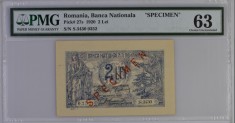 2 lei 1920 Specimen PMG63 UNC bancnota gradata foto