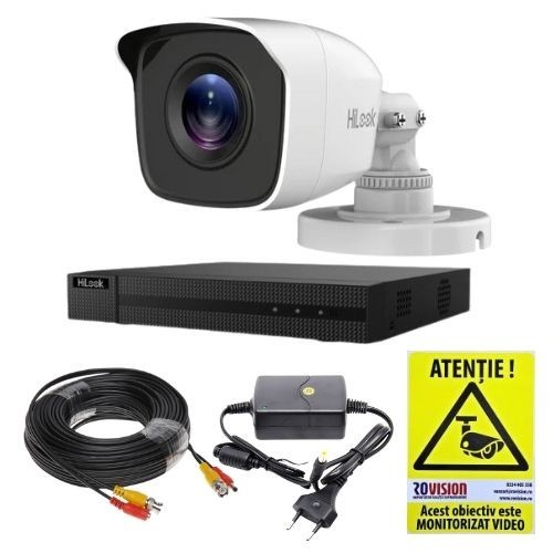 Sistem supraveghere analog Hikvision Hilook, 1 camera 2 MP, lentila 2.8mm, IR 20m, DVR 4 canale 4 MP, accesorii SafetyGuard Surveillance
