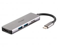 HUB extern D-LINK, porturi SD/microSD Dual Card Reader x 1, USB 3.0 x 2, HDMI x 1, conectare prin USB Type C, cablu 11.5 cm, argintiu &amp;quot;DUB-M530&amp;quot; foto