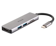 HUB extern D-LINK, porturi SD/microSD Dual Card Reader x 1, USB 3.0 x 2, HDMI x 1, conectare prin USB Type C, cablu 11.5 cm, argintiu &quot;DUB-M530&quot; (timb