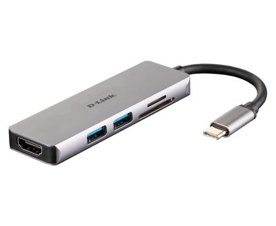 HUB extern D-LINK, porturi SD/microSD Dual Card Reader x 1, USB 3.0 x 2, HDMI x 1, conectare prin USB Type C, cablu 11.5 cm, argintiu &amp;quot;DUB-M530&amp;quot; (timb foto