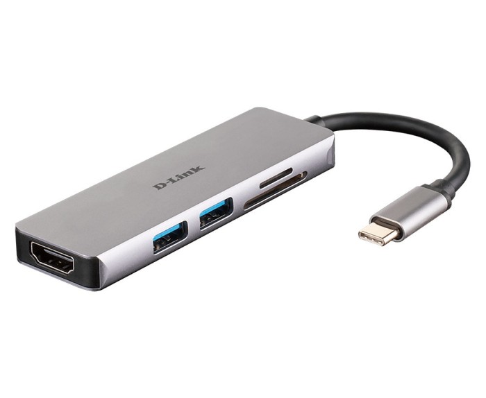 HUB extern D-LINK, porturi SD/microSD Dual Card Reader x 1, USB 3.0 x 2, HDMI x 1, conectare prin USB Type C, cablu 11.5 cm, argintiu &quot;DUB-M530&quot; (timb