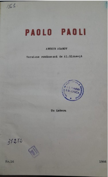 1966 Dactilograma traducere Arthur ADAMOV, Paolo Paoli / Uz intern, IATC T10