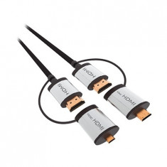 Cablu HDMI tata, la HDMI tata, cu adaptoare mini HDMI si micro HDMI, 1.5m, L102142