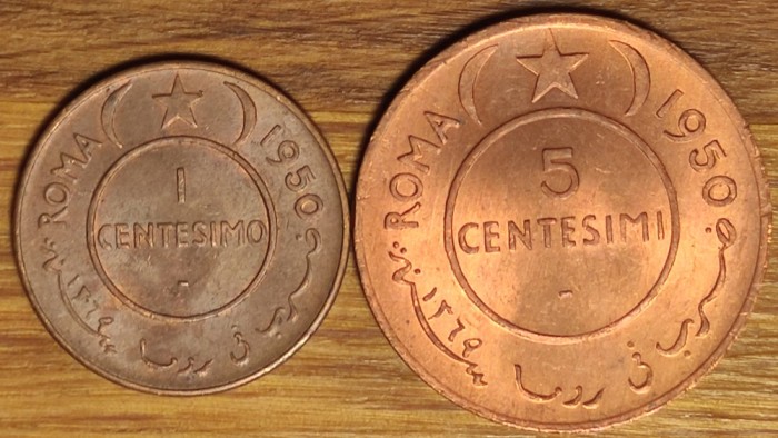 Somalia italiana - set exotic superb - 1 centesimo + 5 centesimi 1950 - elefanti - senzationale ! Semnatura Romagnoli !