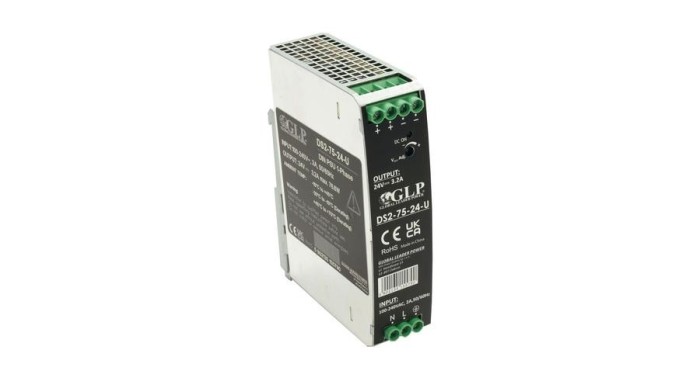 GLP DS2-75-12-U, GLP: Sursă de alimentare cu montare pe șină DIN de 12V/6.3A/75.6W, carcasă metalică, Uin = 90-264VAC / 120-370VDC