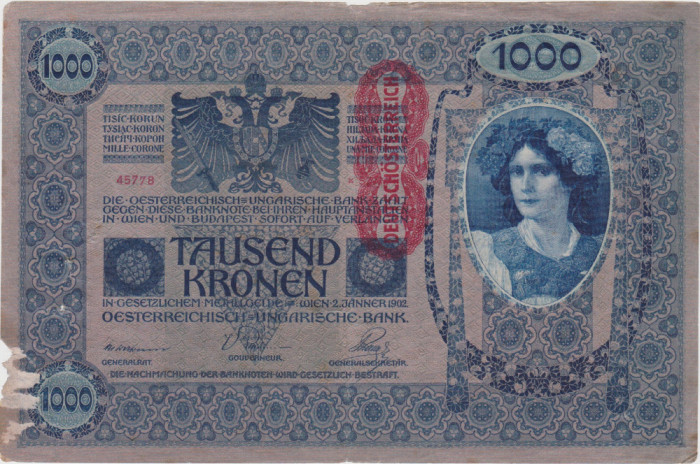 AUSTRIA UNGARIA 1000 COROANE KRONEN 1902 SUPRATIPAR DEUTSCHEOSTEREICH UZATA