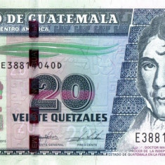 GUATEMALA █ bancnota █ 20 Quetzales █ 2015 █ P-124 █ UNC █ necirculata
