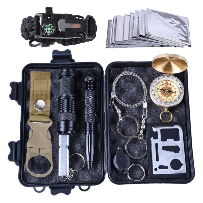 Kit supravietuire multifunctional camping si urgente, trusa compacta cu ...
