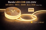Banda LED COB alb cald, 3000K, 220, 230V, 320 LED m, 9W m, 8mm, rola 10m, lumina continua, iluminat interior, decorativ, IP20