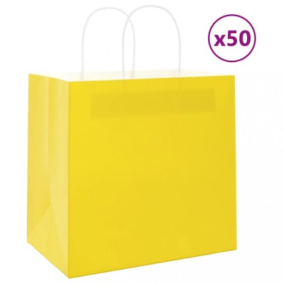 vidaXL Pungi de h&amp;acirc;rtie 50 buc cu m&amp;acirc;nere galbene 26x17x25 cm foto