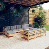 vidaXL Set mobilier grădină cu perne, 11 piese, gri, lemn masiv pin 3097144