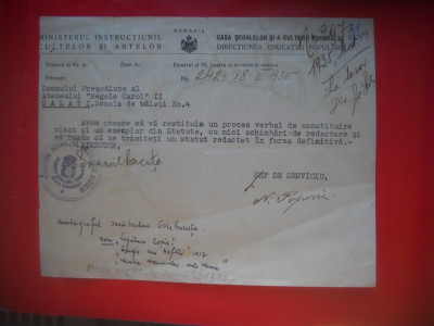 HOPCT DOCUMENT VECHI NR 288 MINISTERUL CULTELOR SI ARTELOR 1935 BUCURESTI foto