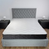 Cumpara ieftin Set pat matrimonial cu sertar Austin, elemente lemn masiv, tapitat cu stofa, cu somiera, gri si saltea ortopedica Optima Silver, arcuri, margine antil