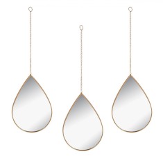 Set Oglinzi Decorative, 3 Buc, Formă Picătură, Cadru Plastic Auriu, Lanț 30cm, 19x28cm