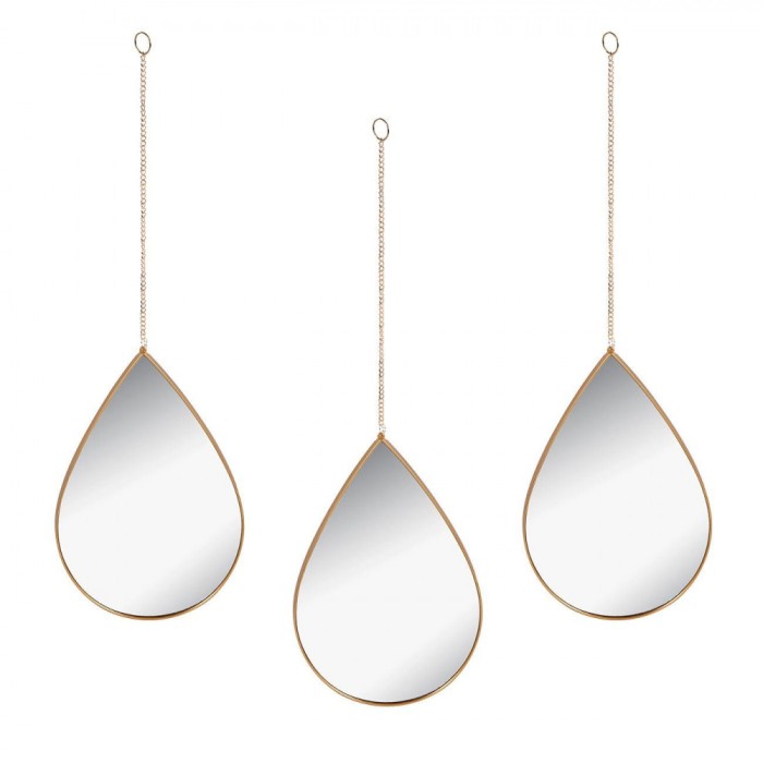 Set Oglinzi Decorative, 3 Buc, Formă Picătură, Cadru Plastic Auriu, Lanț 30cm, 19x28cm