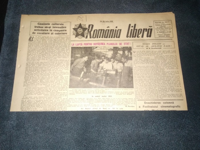 ZIARUL ROMANIA LIBERA 20 IULIE 1950 RAZBOI COREEA