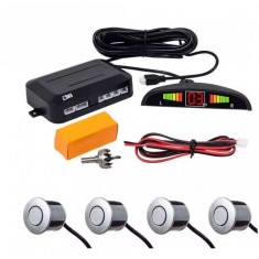 Set 4 Senzori de Parcare Auto display LED cu Avertizare Sonora si luminoasa, Culoare Gri Silver, AutoREY&reg; Premium